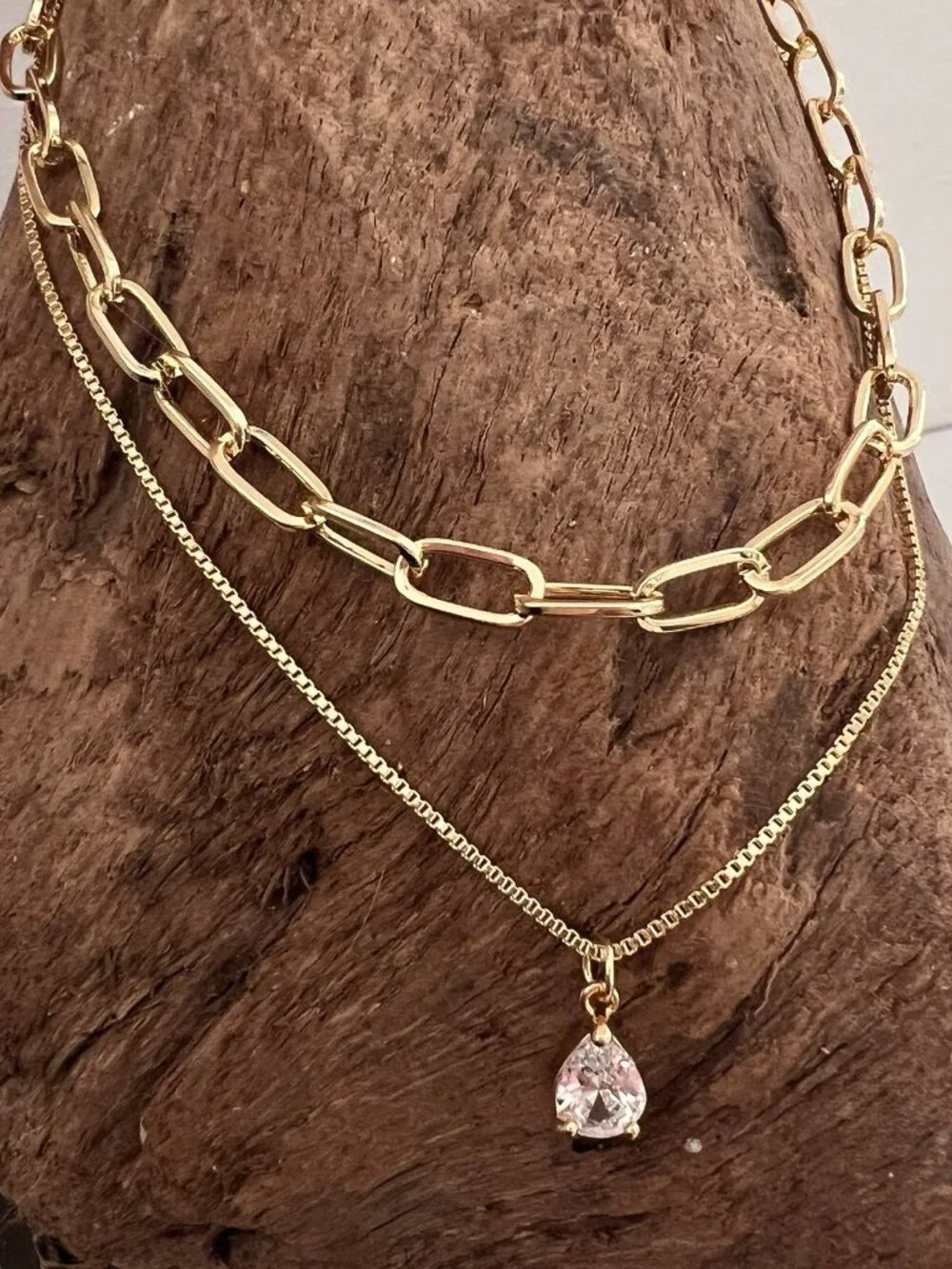 Layered Gold Chain Necklace Set Stainless Steel Paperclip & Teardrop Jewelry